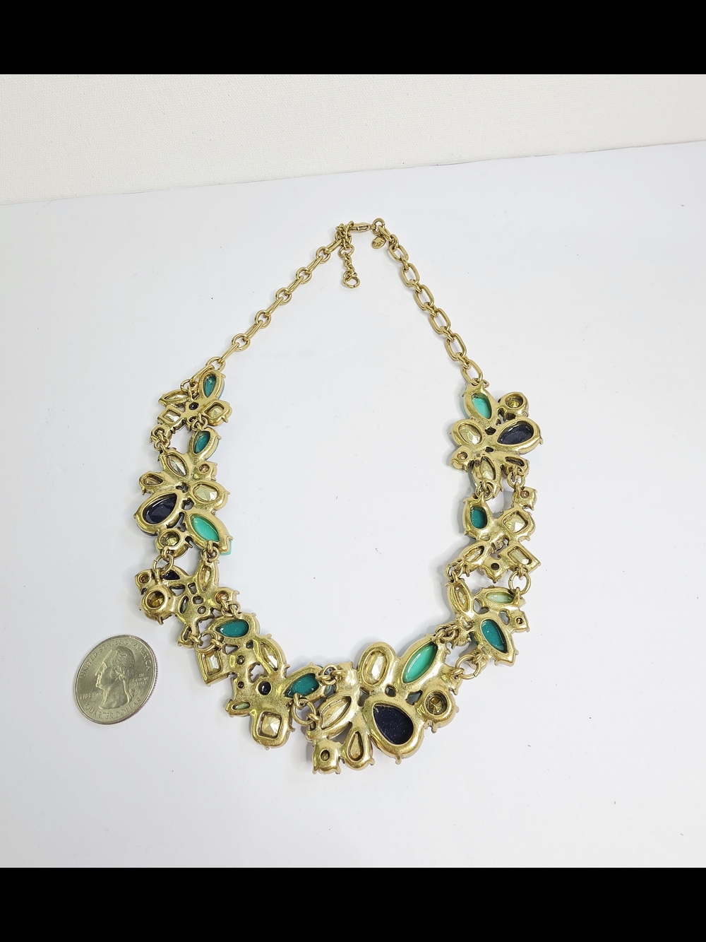 J. Crew Statement Necklace with Teal Emerald Light Blue Clear Rhinestones Brass - Picture 5 of 6